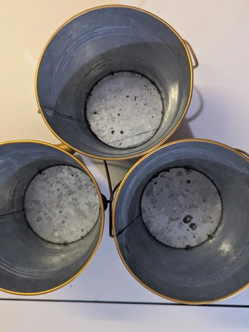 Set of 3 Miniature Galvanized Metal Craft Buckets with Gold Trim Handles